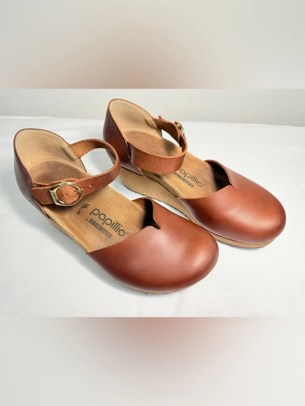 Papillio Birkenstock Cognac Leather Mary Jane Wedge Comfort Shoes 39 - Picture 2 of 16